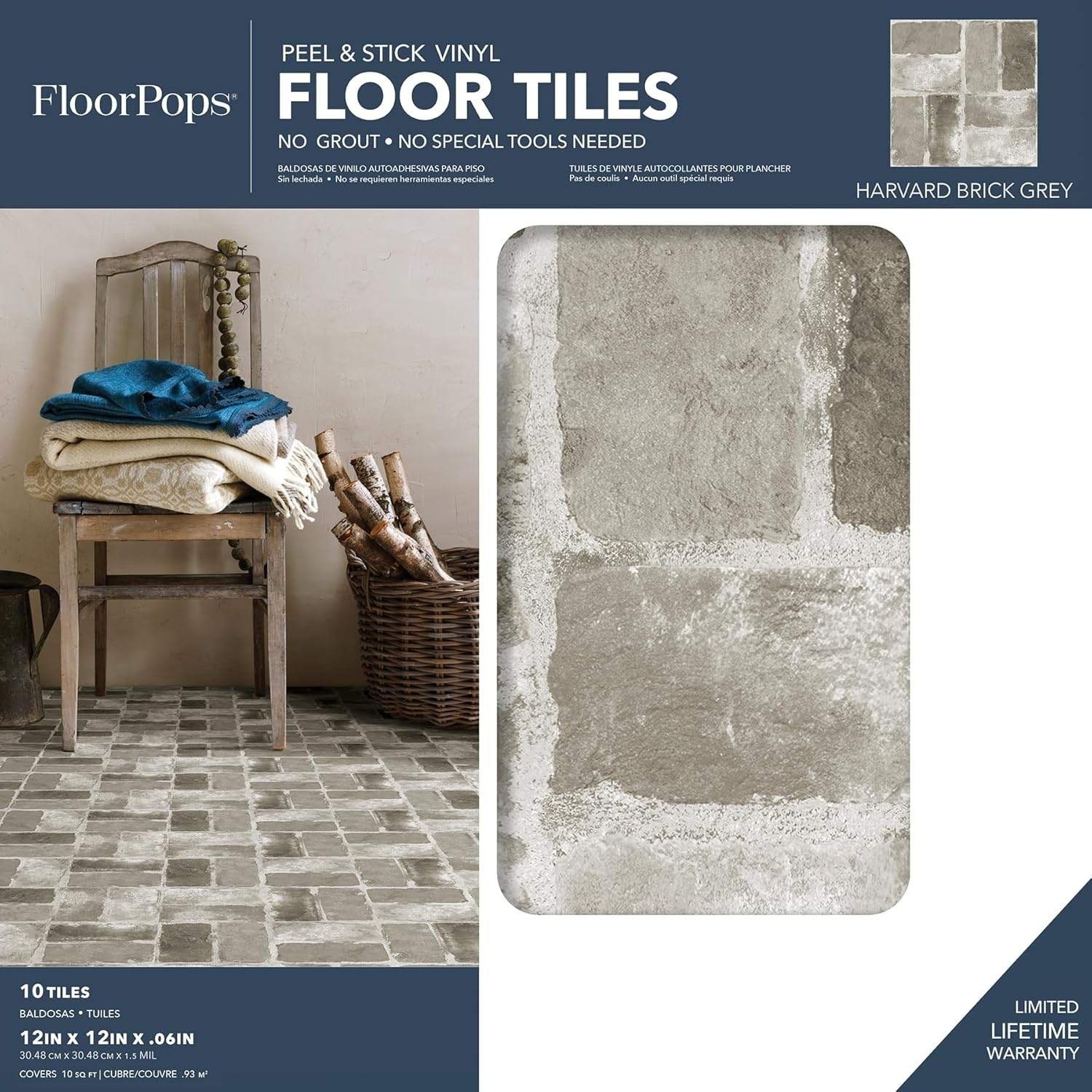 Pack of 10 FloorPops 12″x12″ Harvard Brick Grey Peel & Stick Floor Tiles
