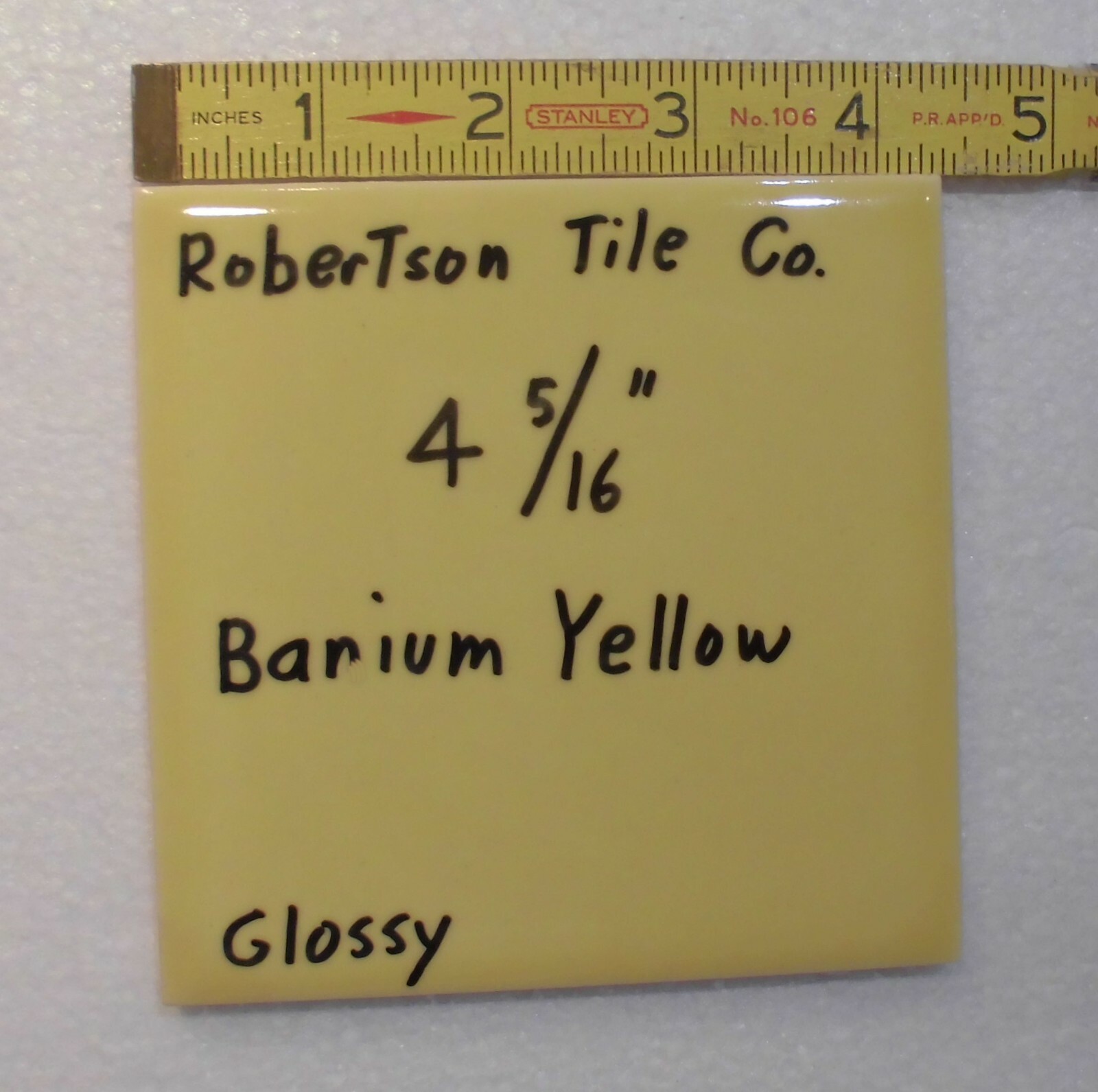 1 pc. *Barium Dark Yellow* Ceramic Tile 4-5/16″- 4-3/8″ Robertson Co. NOS