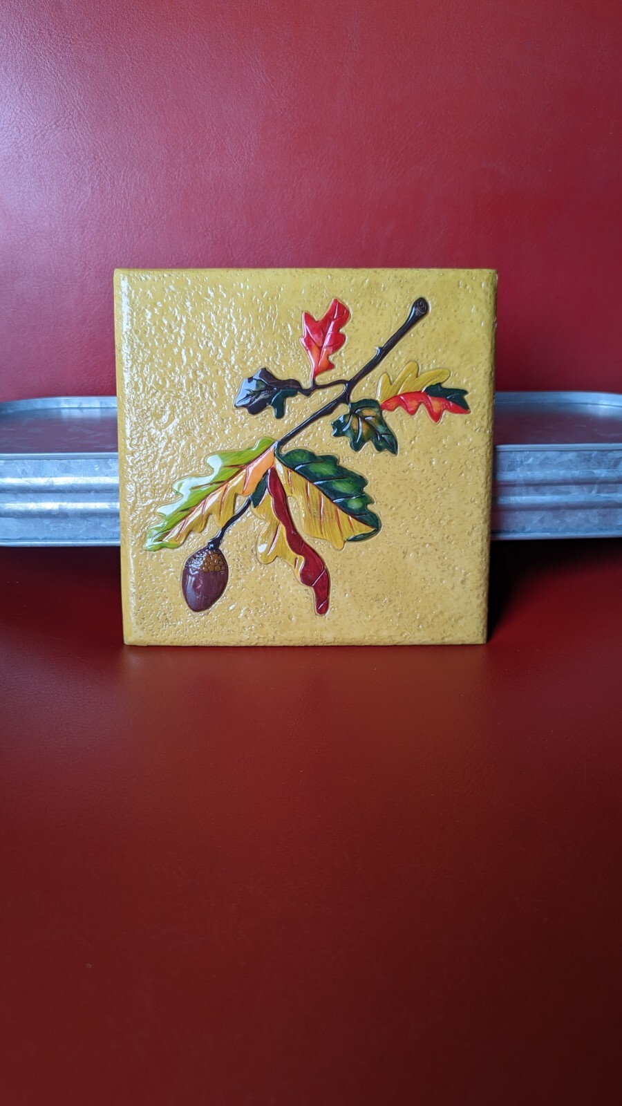 6 ½” Yellow 3D Colorful Fall LEAVES Branch Acorn Art Resin Accent TILE Trivet