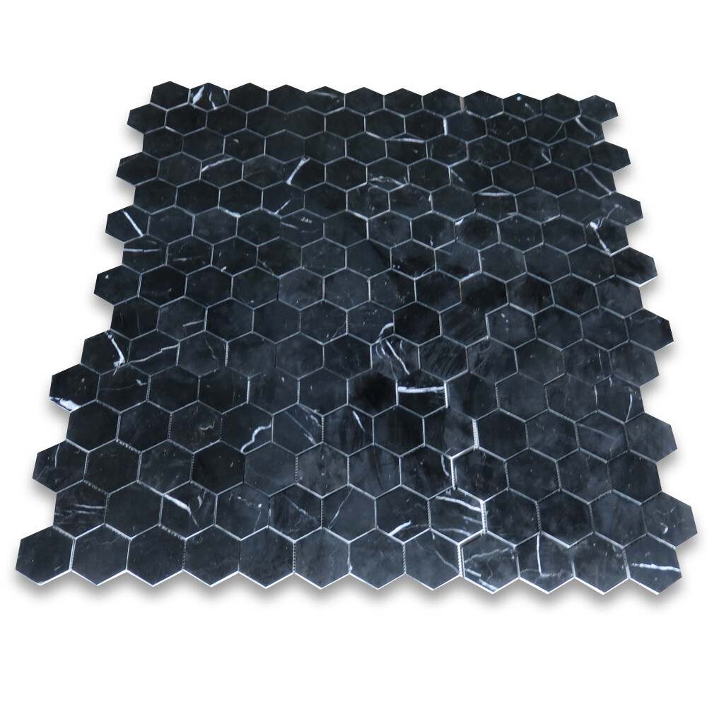 N33XP Nero Marquina Black Marble 3 inch Hexagon Mosaic Tile Polished