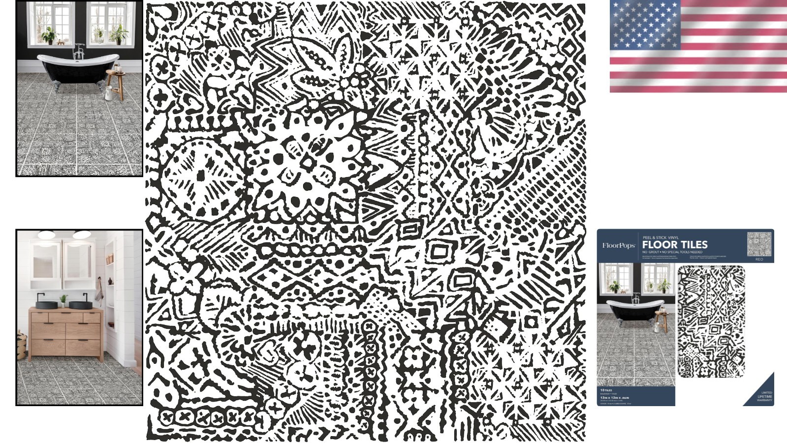 10 Pack Bohemian Floral Peel & Stick Floor Tiles – 12in x 12in Charcoal Design