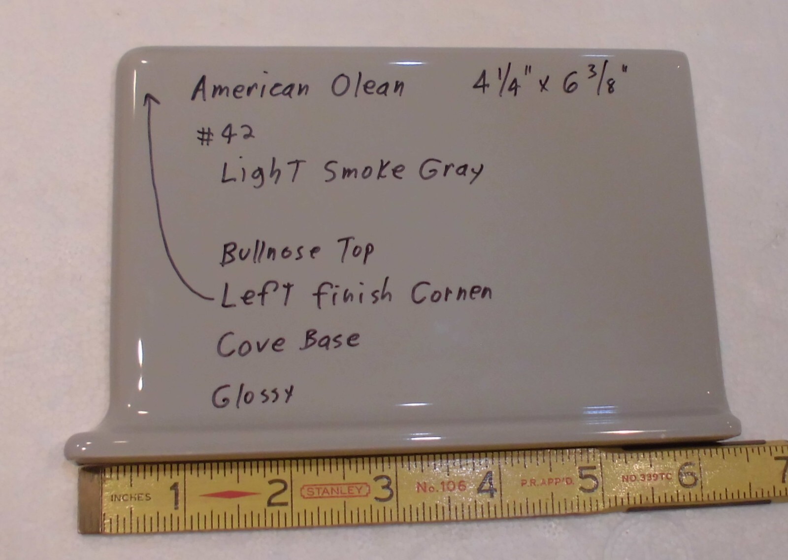 1 pc. Light Smoke Gray: base/cove Ceramic Tile: 4-1/4″ X 6″ Left Finish Corner