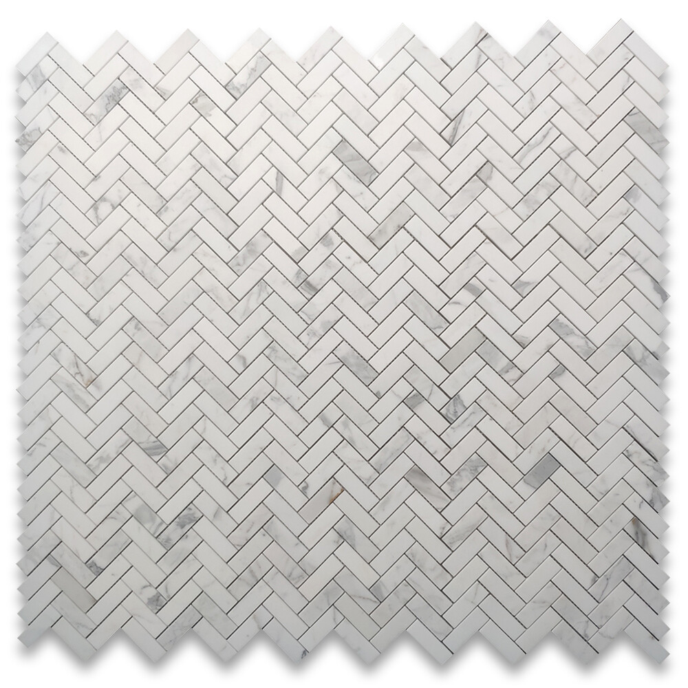 L72XH Statuary White Statuario Marble 1×3 Herringbone Mosaic Tile Honed