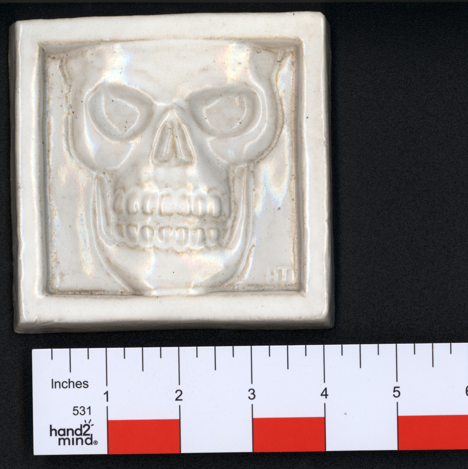 Bone White Skull. Hand Made Glazed Ceramic Tile. 4.5 x 4.5 inch. 1/2 inch thick.