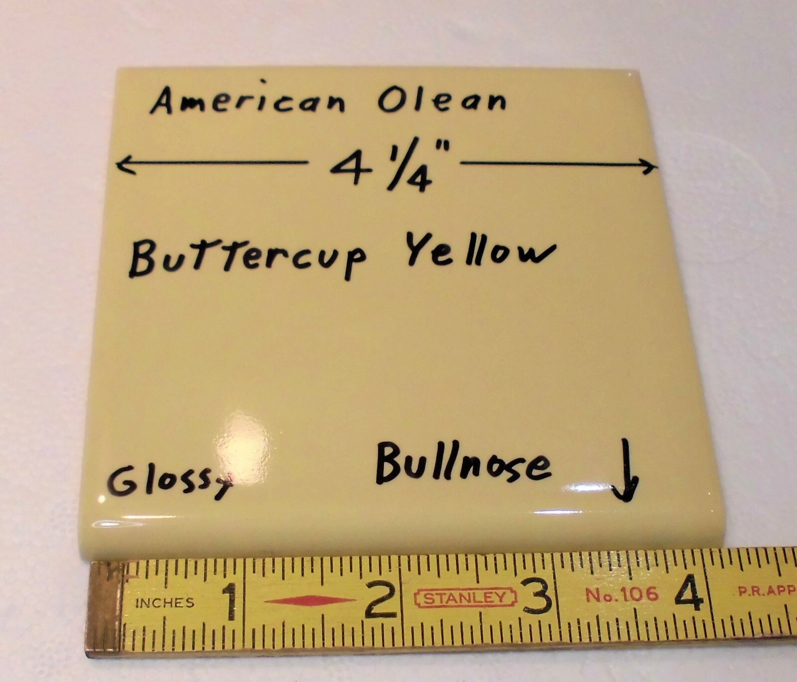 1 pc. Buttercup Yellow: 4-1/4″ Glossy BULLNOSE Ceramic Tile: American Olean, NOS