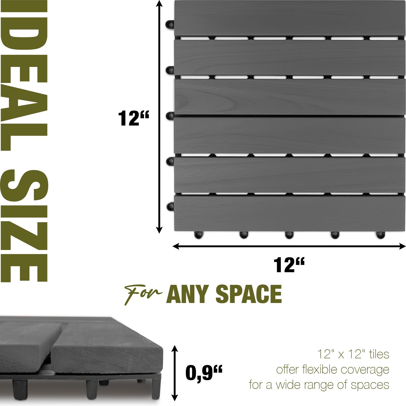 GREEN ALLUVIUM Premium Acacia Wood Interlocking Deck Tiles, 12×12 Inch, Gray