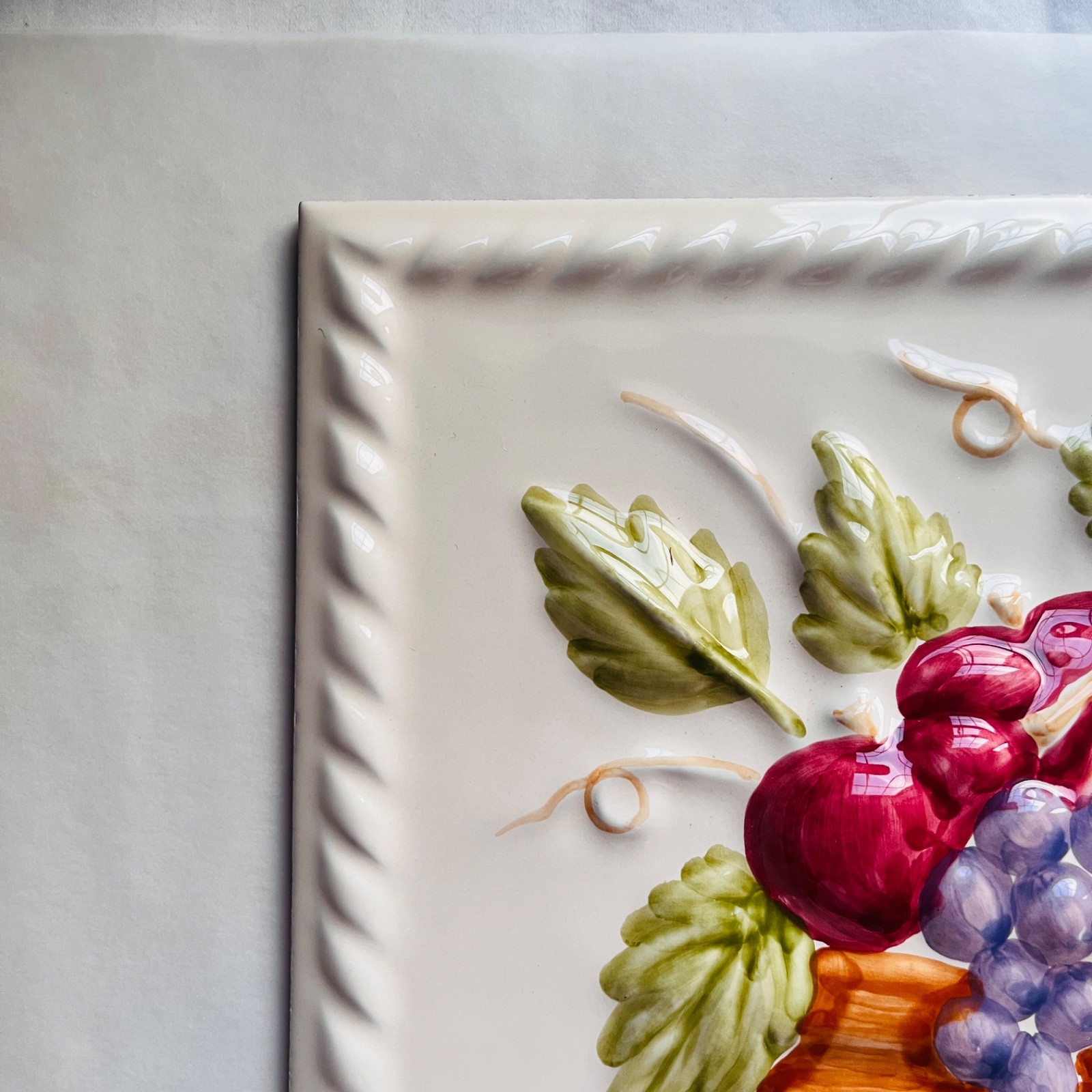 Vintage Embossed 3D Ceramic Fruit Basket Wall Tile Plaque Accent Piece Kitchen