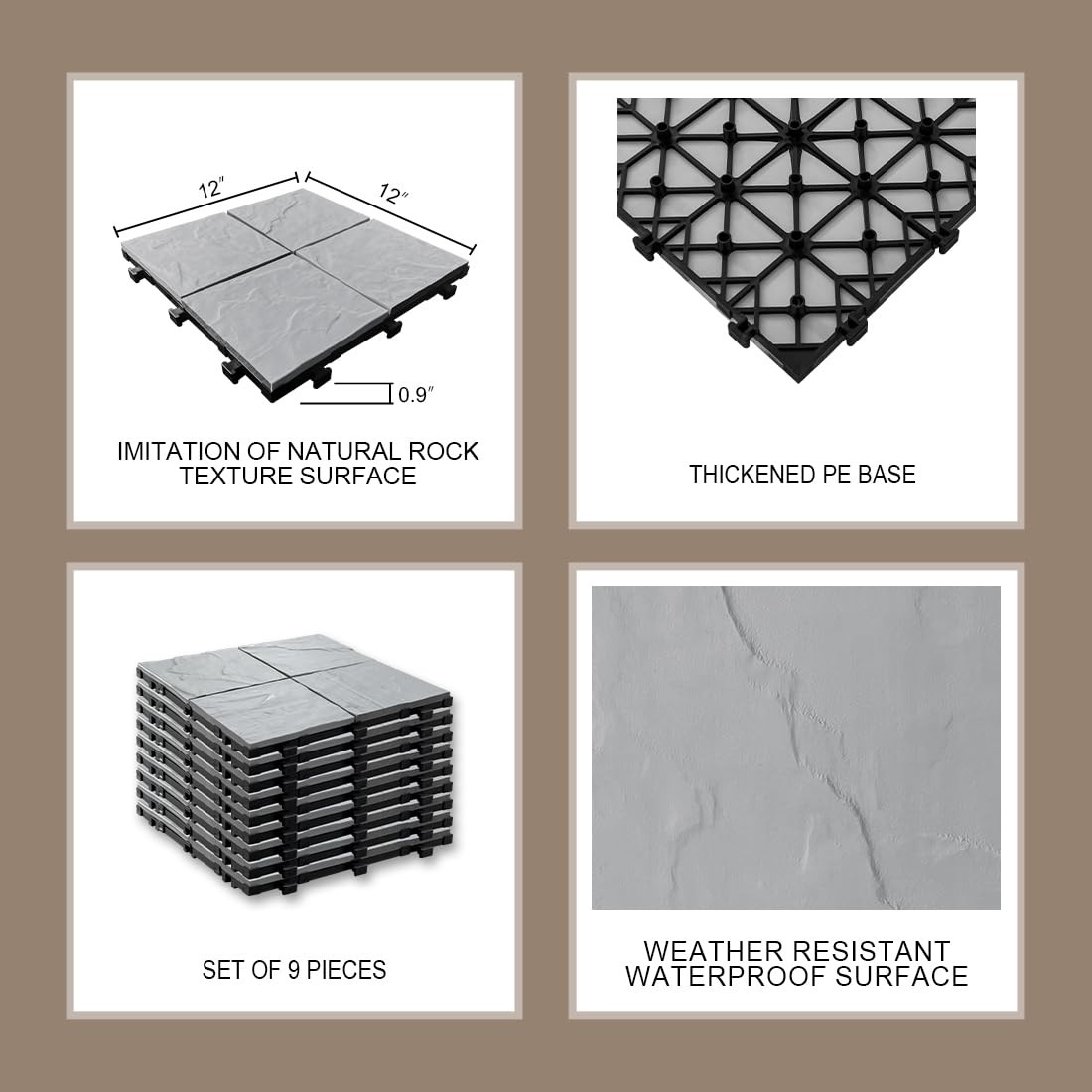 JJWOOD Stone-Look Interlocking Deck Tiles, 9 Pcs 12″ x 12″ WPC Patio Flooring…