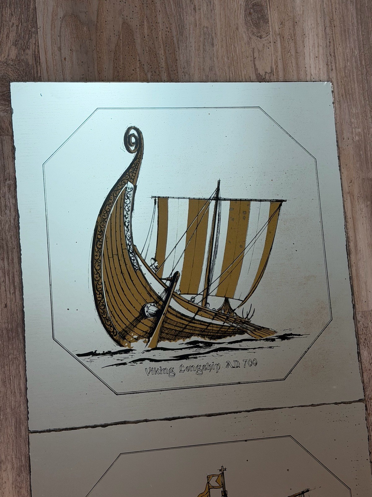 Vintage 70s 80s Mirro-Tile 12×12 Lot Of 6 Antique Gold Ships Viking Mirror Tiles