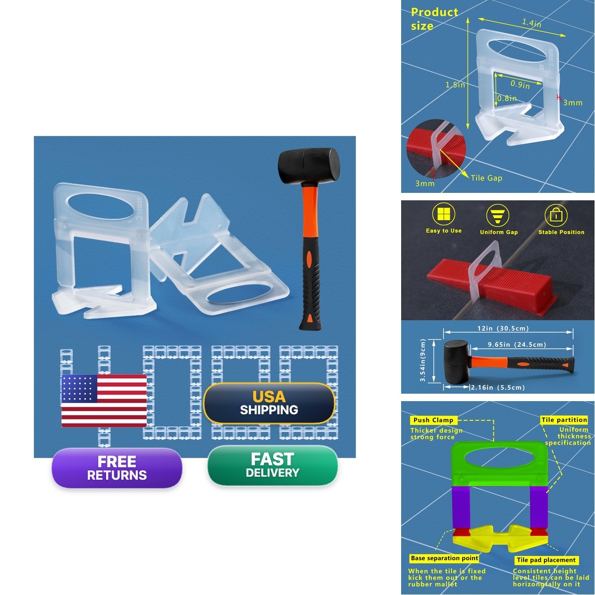 Sodtak Tile Leveling System 1/8 Spacers Tile Leveler Clips Diy Tile Leveler