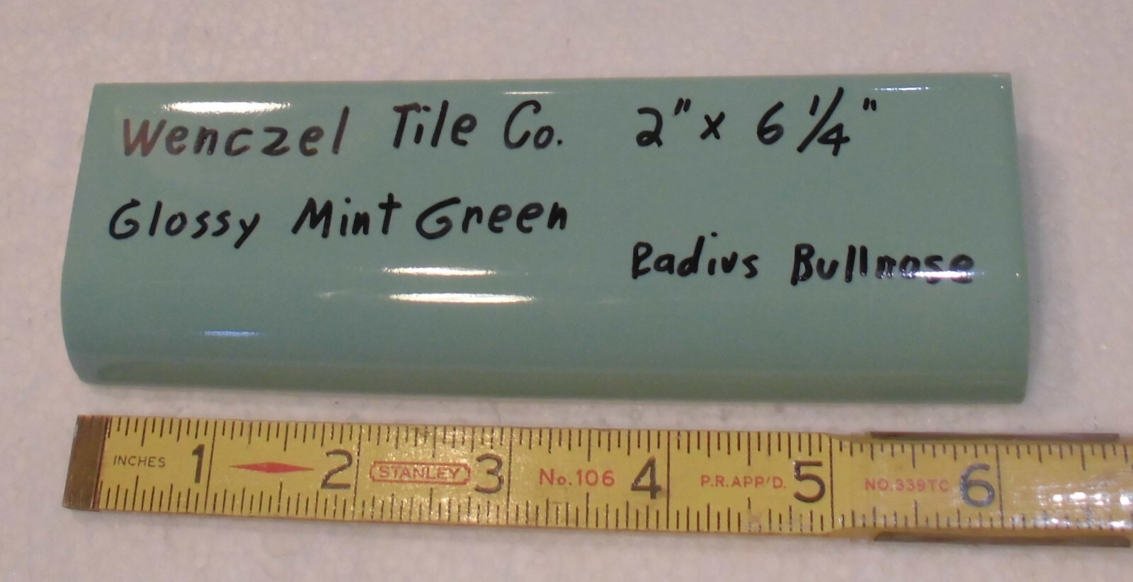 1 pc. Mint Green: Glossy Ceramic Radius Bullnose Tile: Wenczel Co. 2″ X 6-1/4″