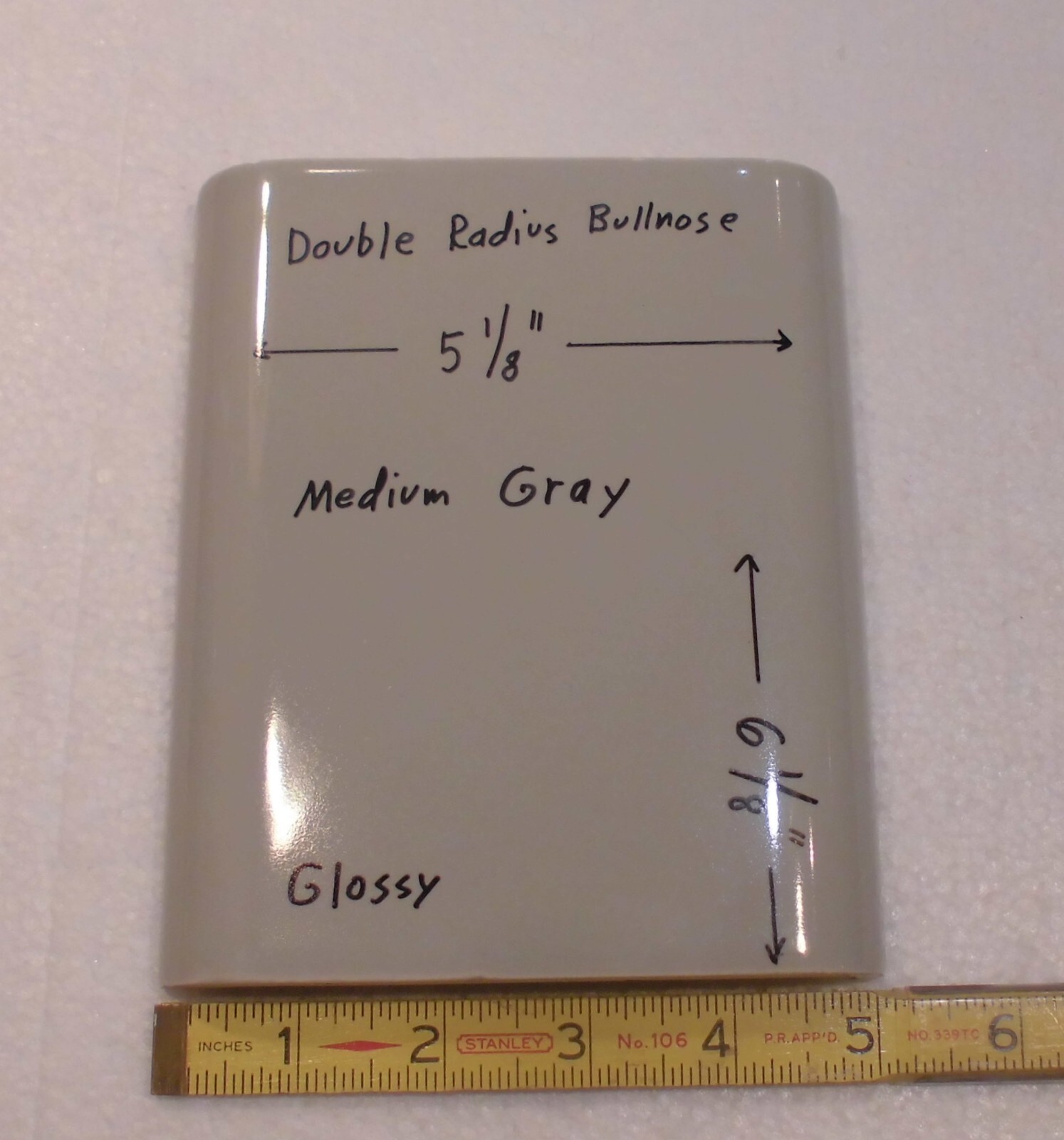 Medium Gray: Classic Glossy Double Radius Bullnose Ceramic Tile; 5-1/8″ X 6-1/8″