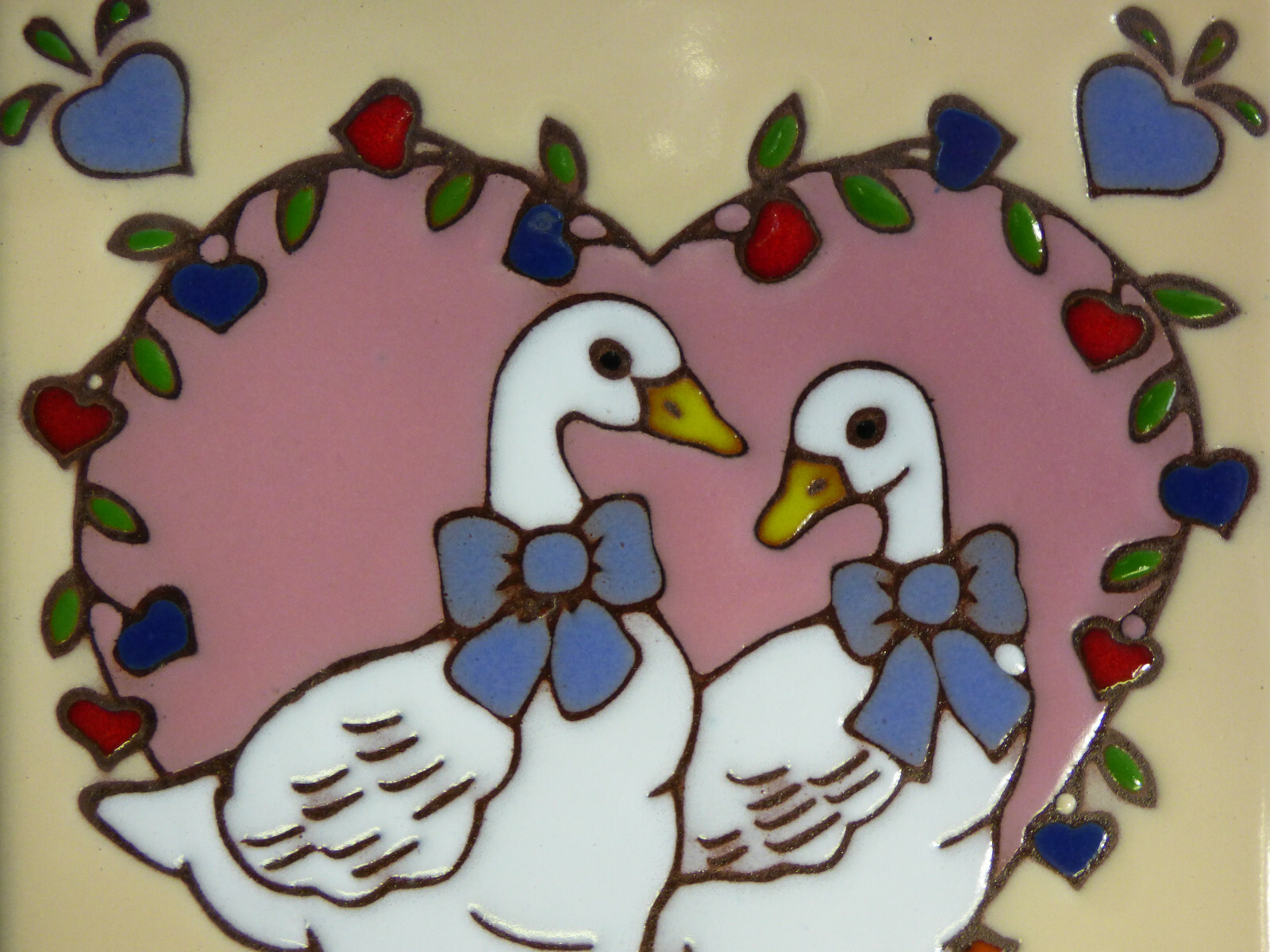 Ceramic Art Tile 6″x6″ Cute Country Geese With Hearts & Bows Trivet Wall New M49