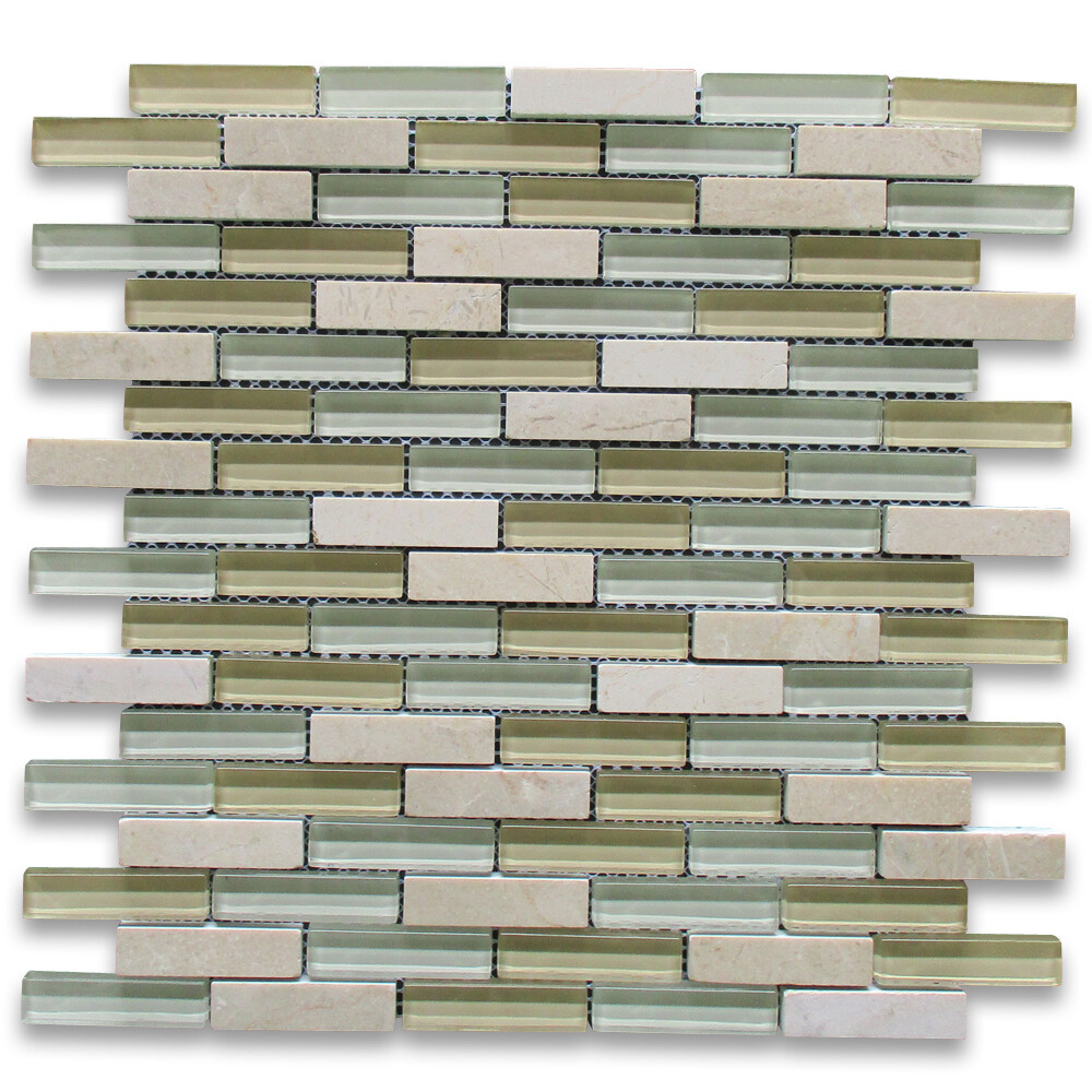 A62001 Glass Mosaic Tile White Yellow Glass Beige Marble Accent Backsplash