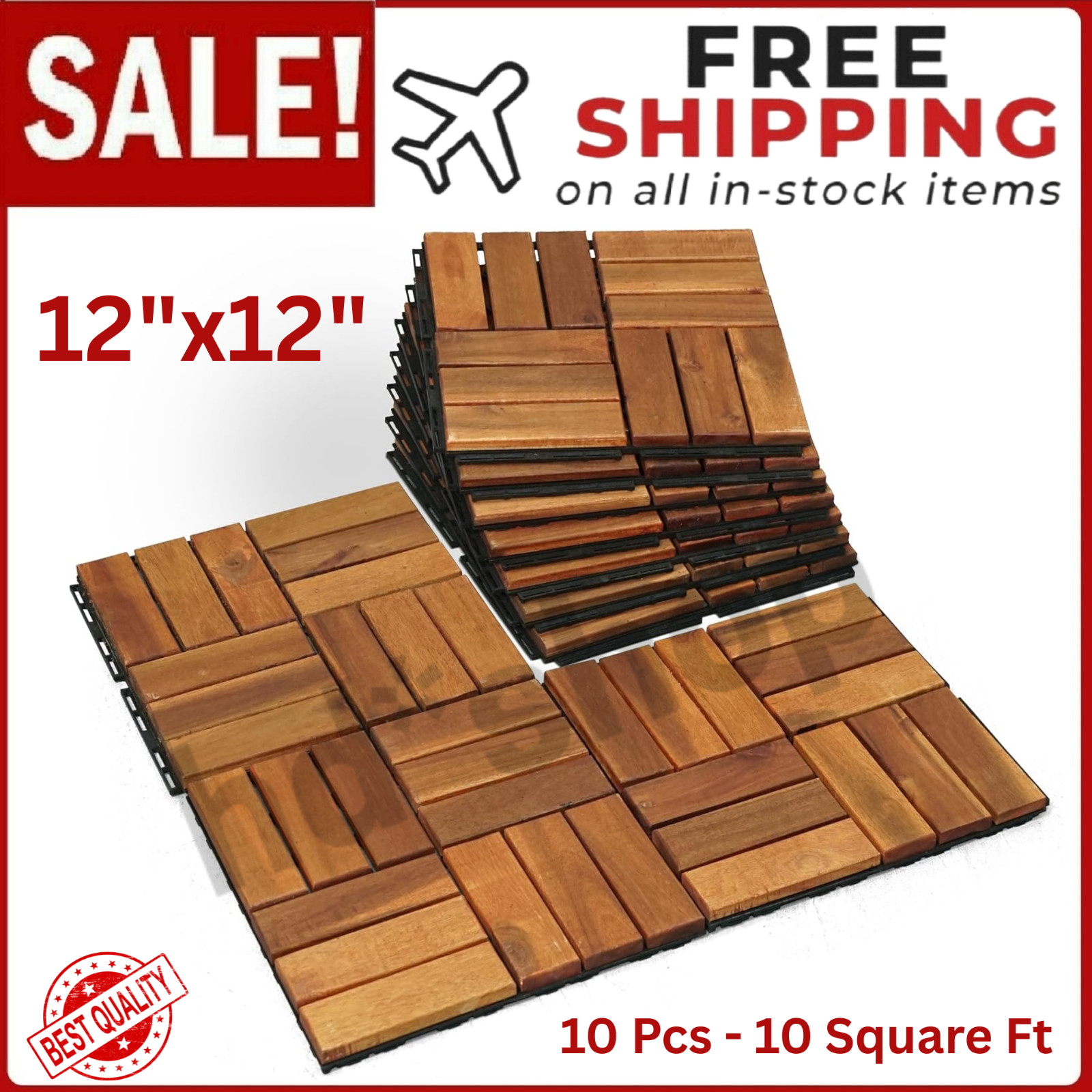 Wood Interlocking Deck Tiles 12″X12″ Indoor & Outdoor Flooring Tiles 10 pcs
