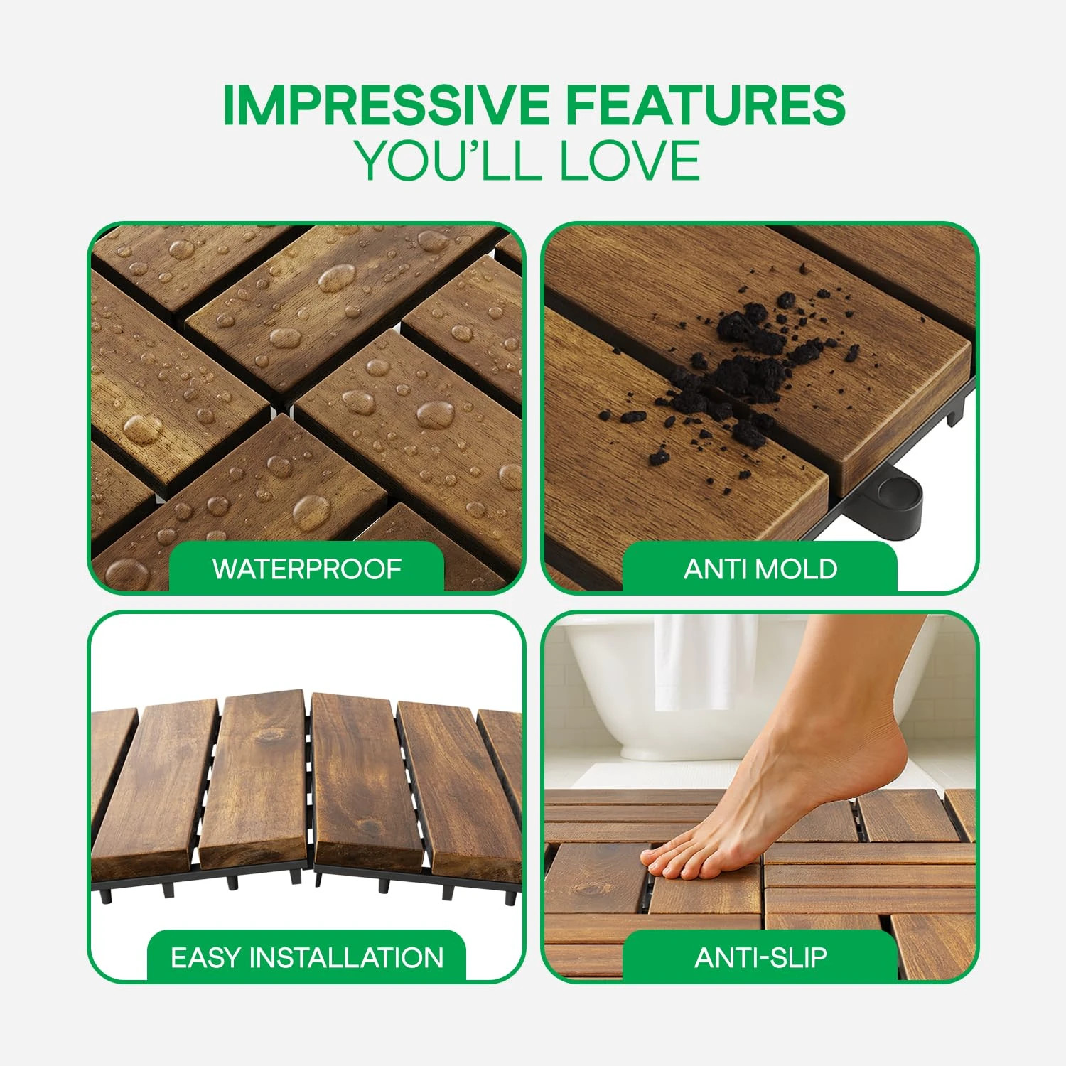 Idzo Interlocking Deck Tiles 9.6 SQFT – 10PCS Waterproof Acacia Wood Golden