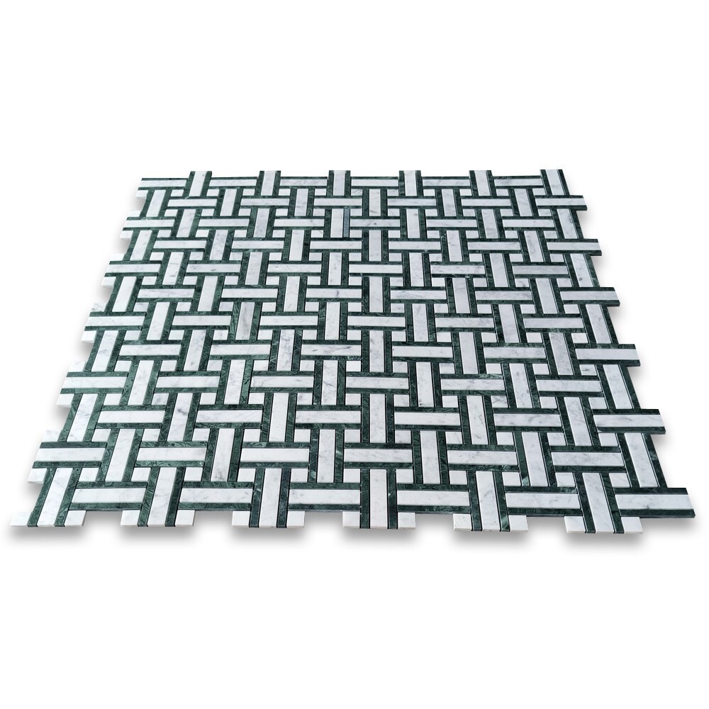 C66A2XH Carrara White Marble Twine Basketweave Mosaic Tile Indian Green Honed