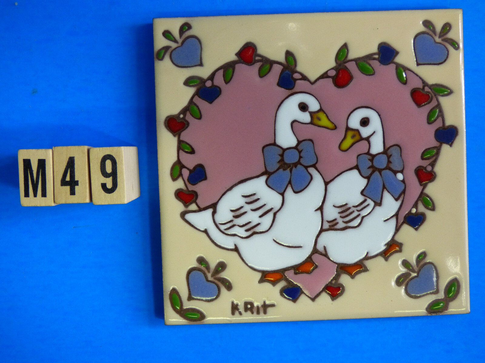 Ceramic Art Tile 6″x6″ Cute Country Geese With Hearts & Bows Trivet Wall New M49