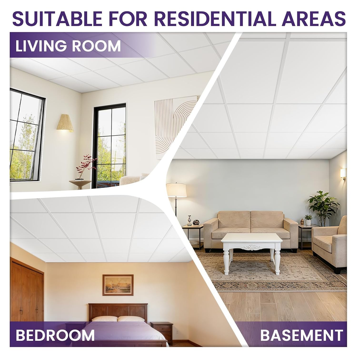 6 PCS 2×4 FT White Ceiling Tiles 24×48 Inch PVC Waterproof Smooth Drop Ceiling