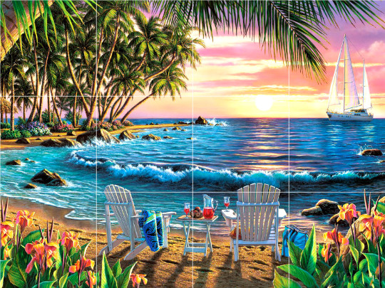 ocean view seascape tropical beach sunset sailboat ceramic tile mural backsplash