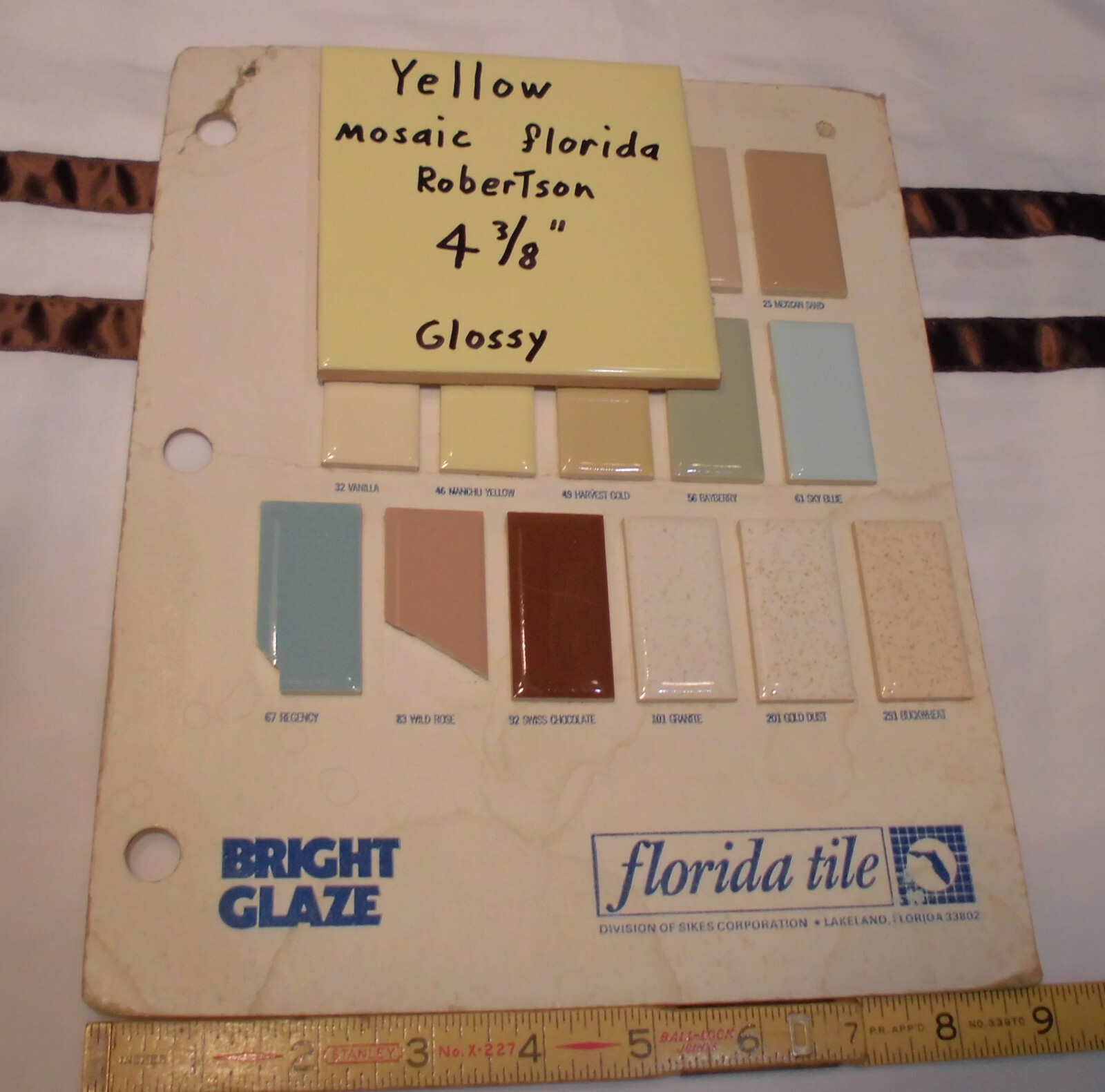 1 pc. Glossy Yellow Ceramic Tile 4-3/8″ ; Matches: Florida, Mosaic & Robertson