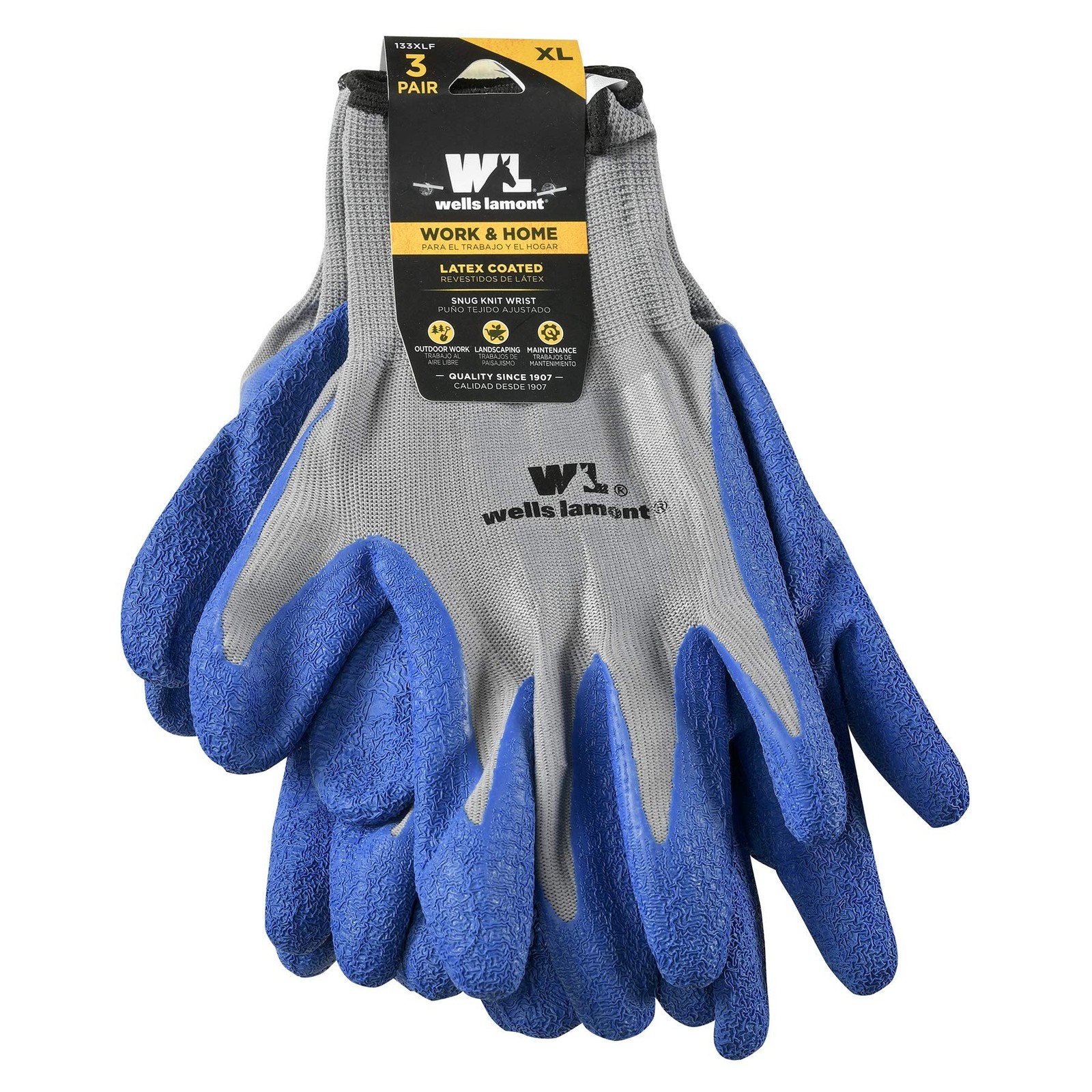 Wells Lamont 3 Pair Pack Men’s Latex Grip Work Gloves, Large (133LF)