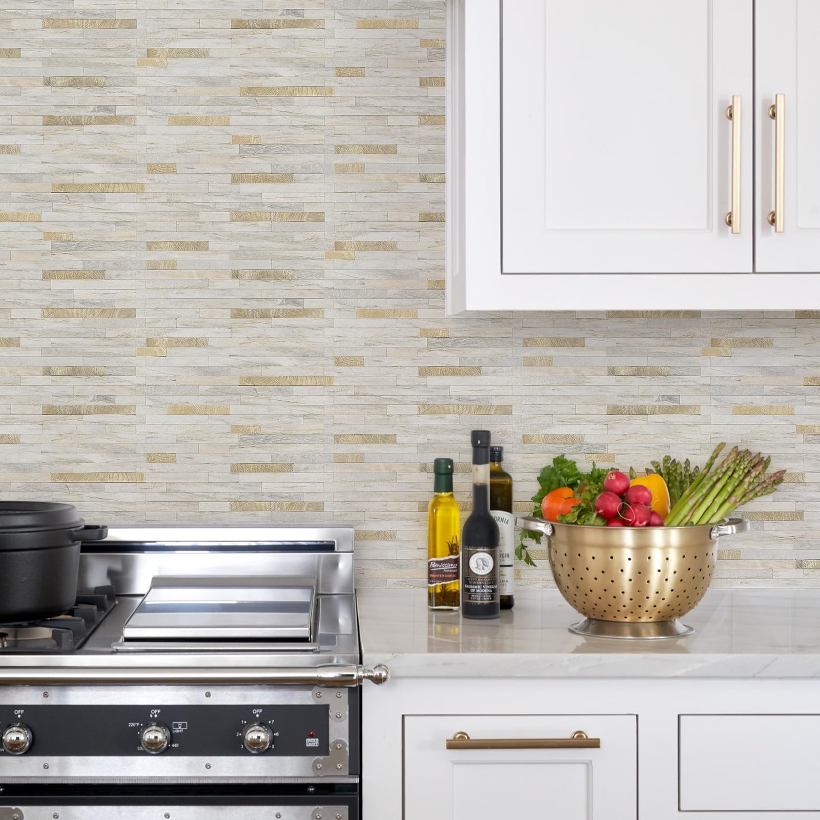 Peel Stick Backsplash Tile 2 Sheets Sunny Beige PVC Mixed Metal Gold Self Adh…