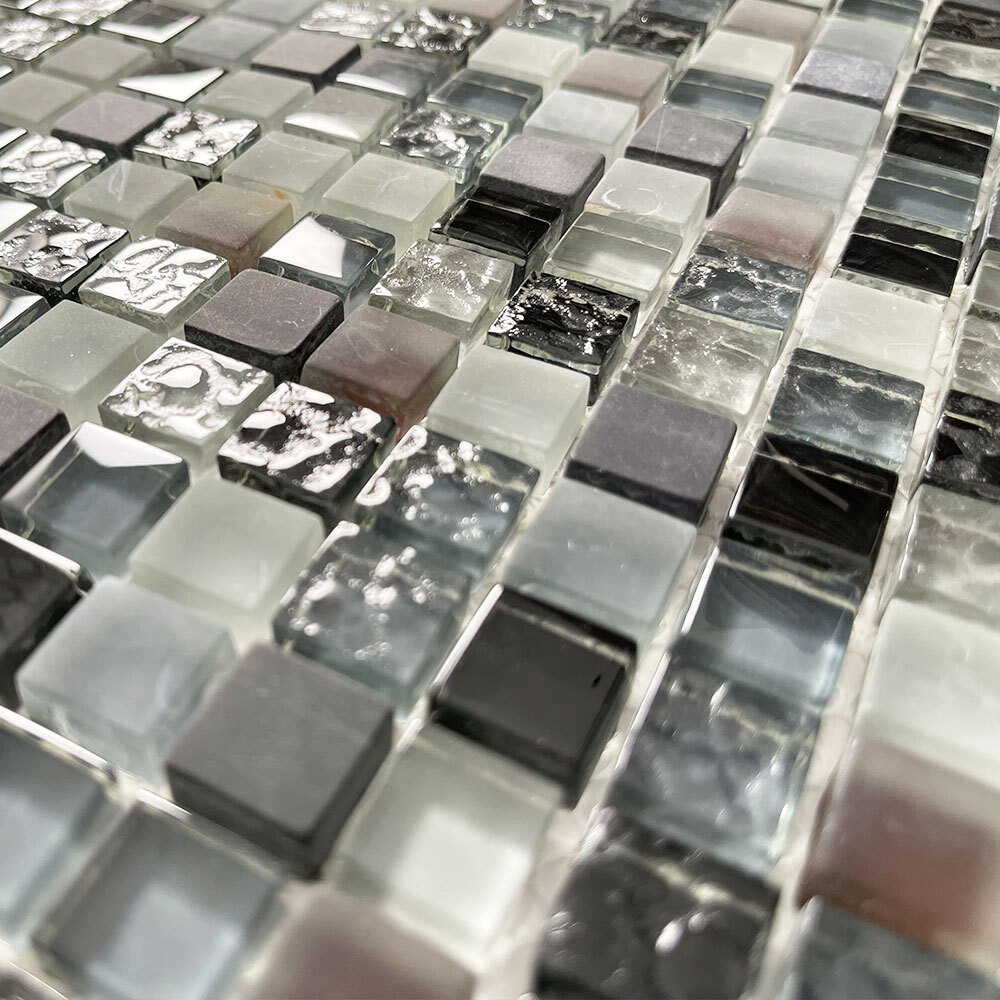 A22004 Glass Mosaic Tile Brown Grey Light Blue Glass Nero Marquina Marble