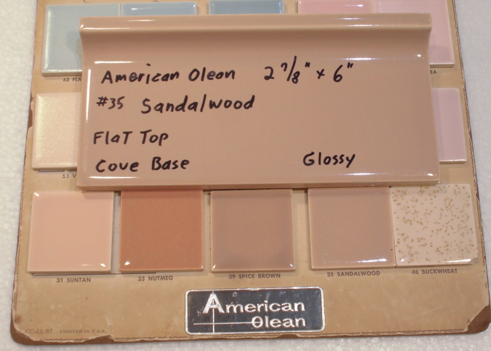 1 pc. Medium Brown: Flat Top; base/cove Ceramic Tile; 6″ X 2-7/8″ American Olean