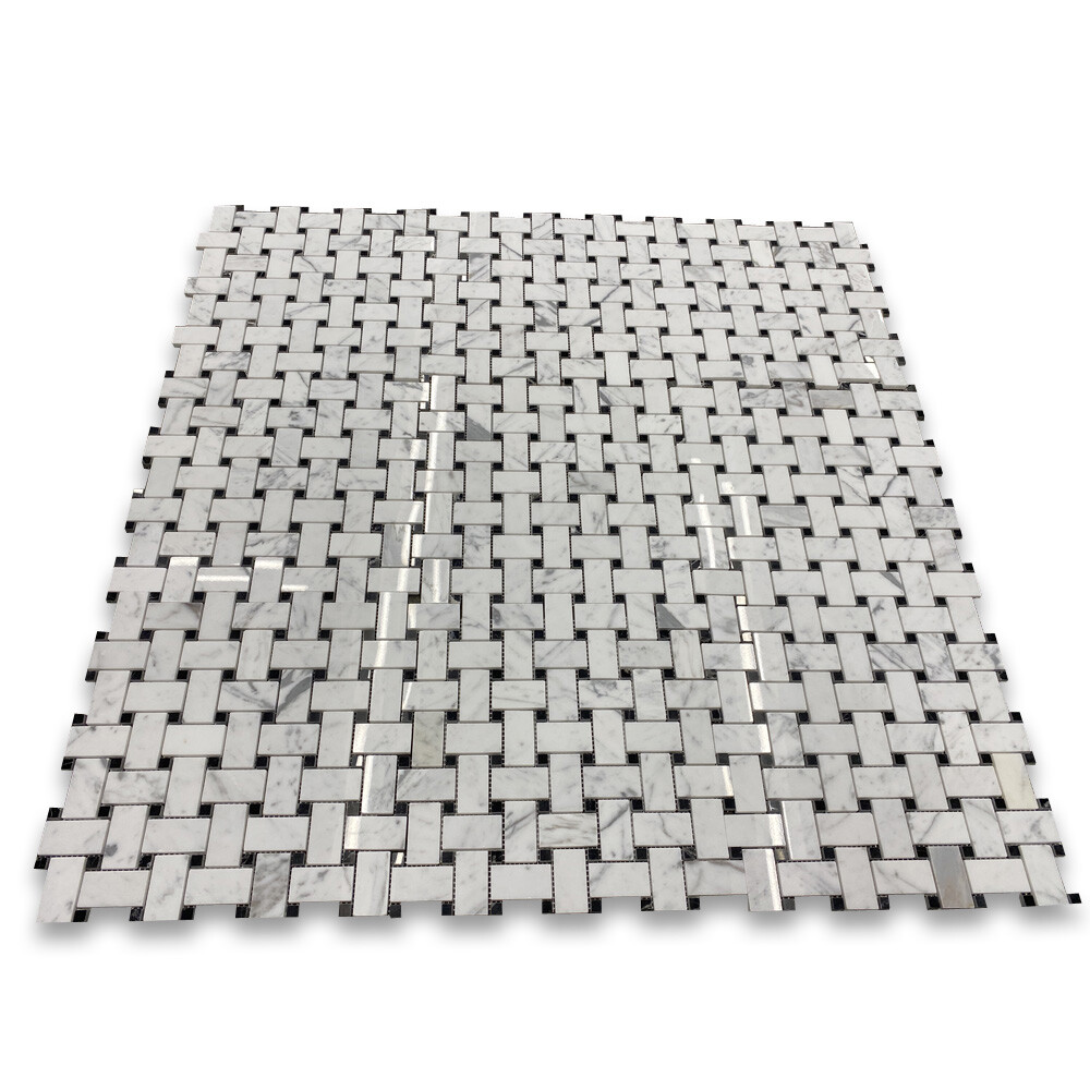 L651XP Basketweave Mosaic Statuary Statuario White Marble 1×2 Tile Polished