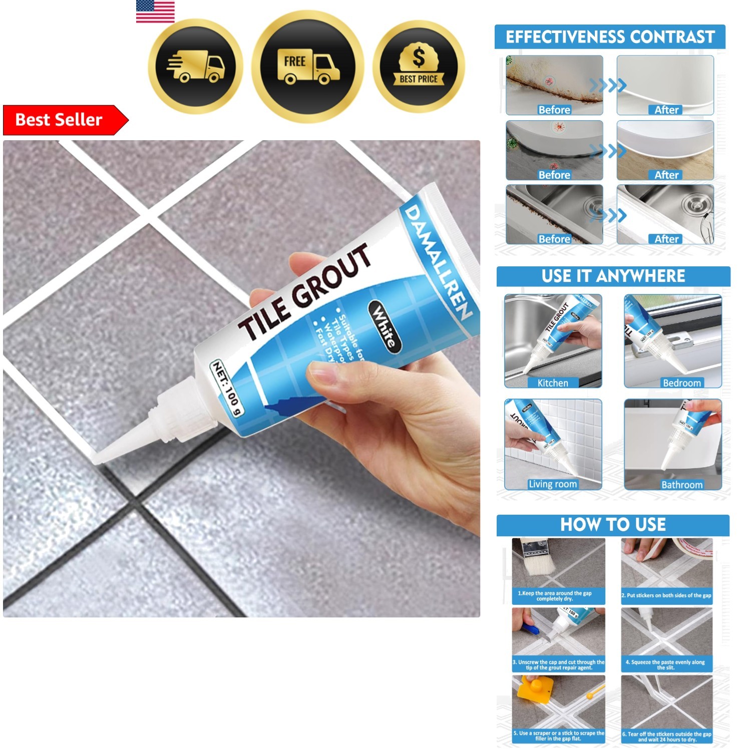 Grout Pen Kit Waterproof Fast Drying for Tile Joints and Gaps White
