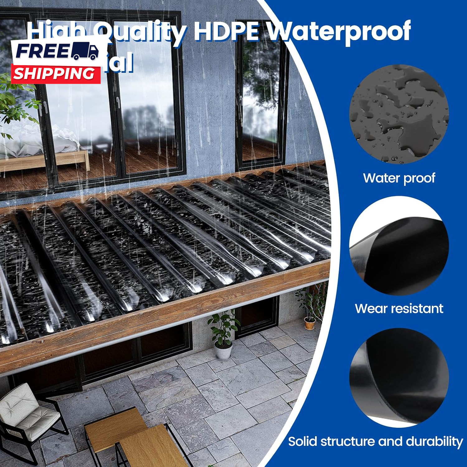 1PCS 50FT Black under Deck Drainage System Trough HDPE Waterproofing Membrane Fi