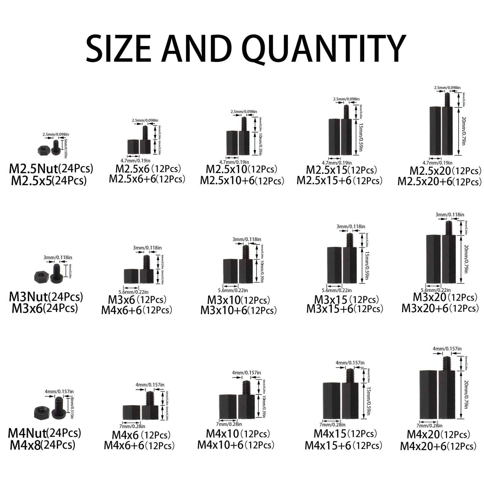 Rrina 432Pcs M2.5 M3 M4 Male Female Nylon Hex Standoff Screw One Size, black