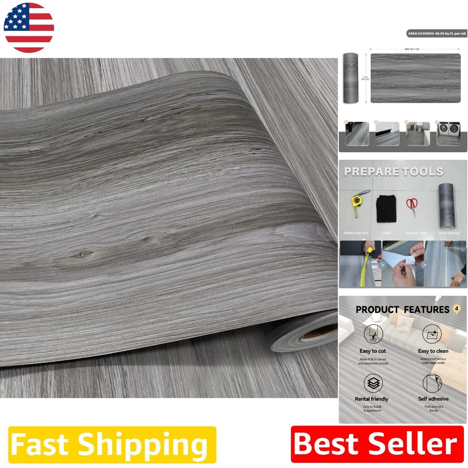 Wood Grain Peel Stick Floor Tile – 11.8″ Wide Roll, Waterproof, Non-Slip, Vinyl