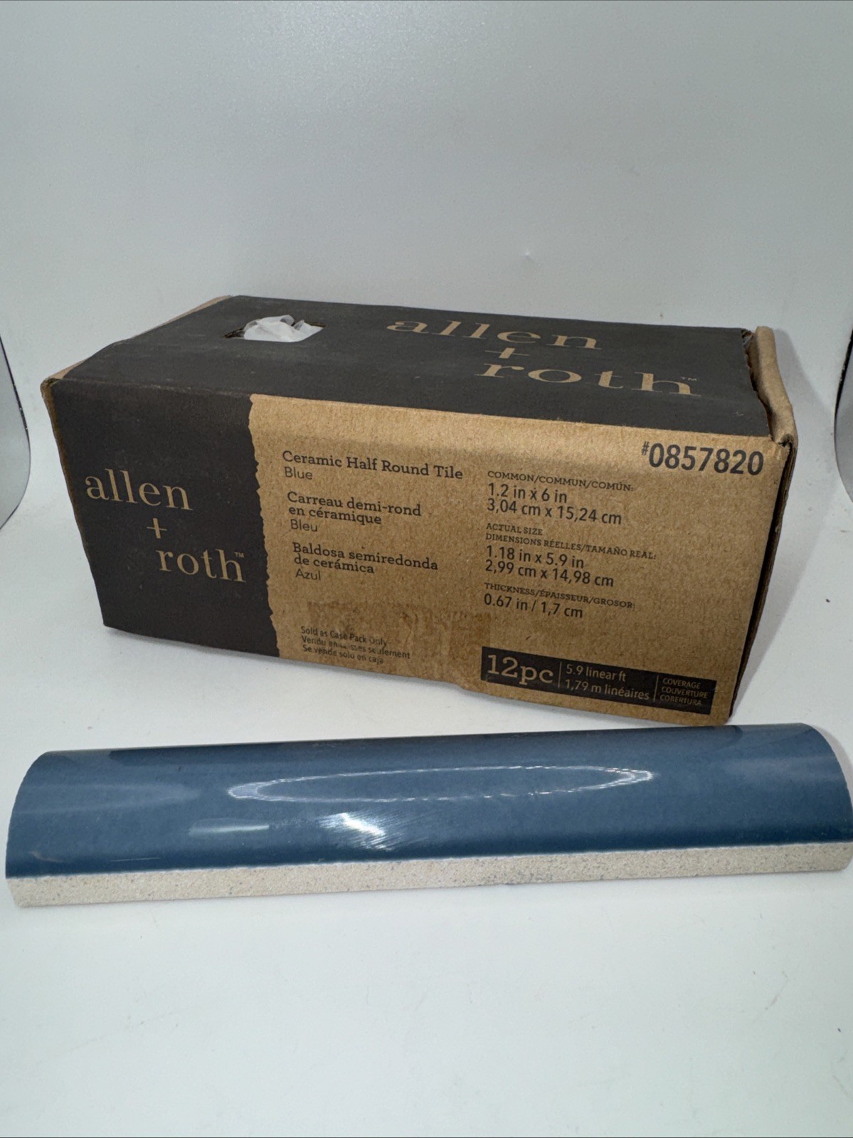 BOX of 12 Allen + Roth BLUE Glazed Glossy Ceramic Half Round Wall Tile Trim 6″
