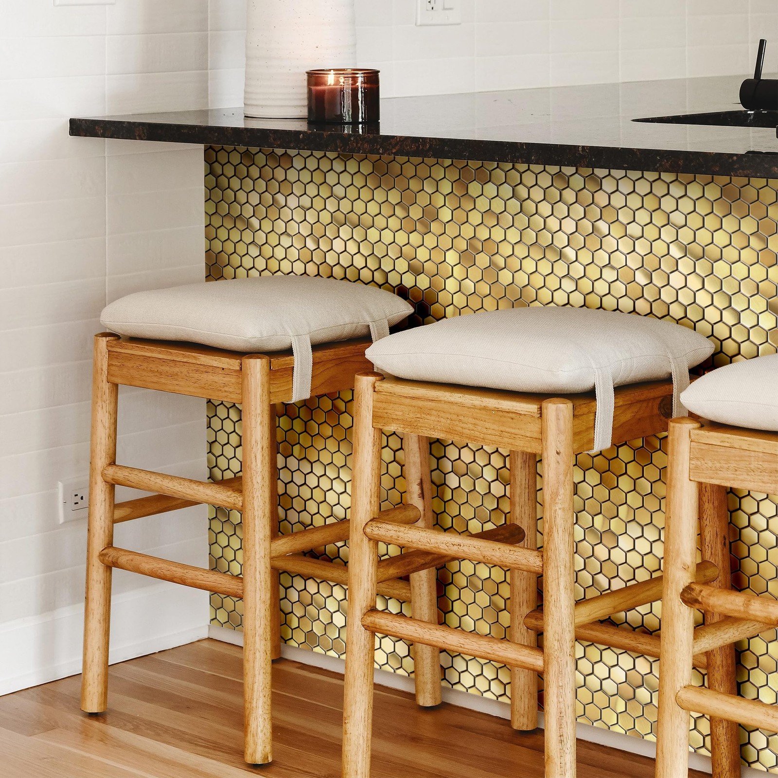 Hexagon Gold Backsplash Tile, Mosaic Sheets 12”x12” Mesh Mounted Golden 1 I…