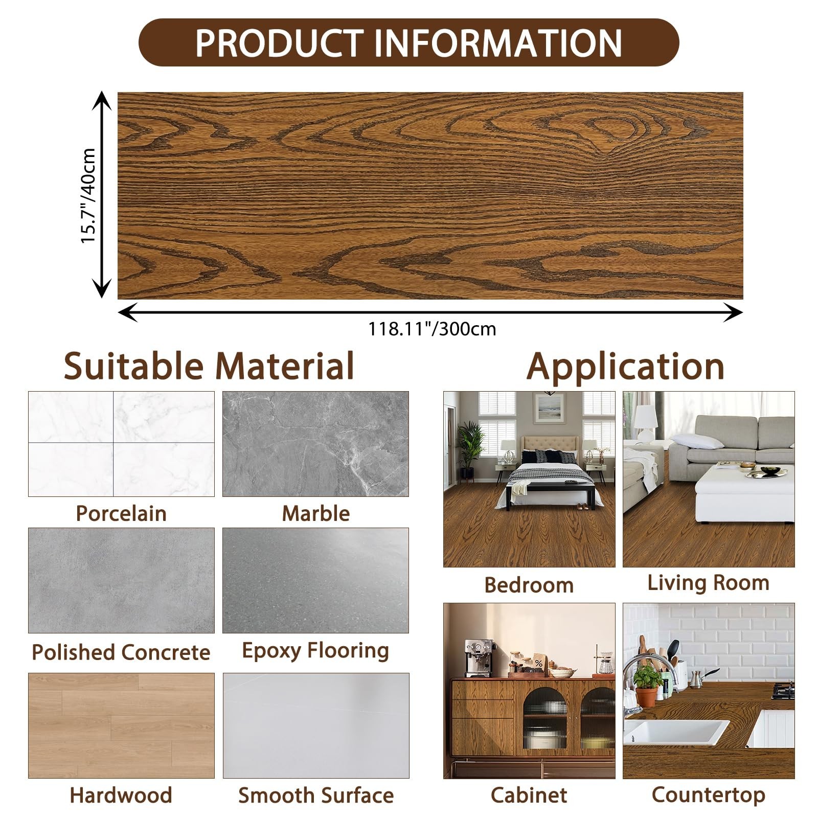 Shackcom Brown Wood Floor Tiles Roll Peel & Stick 2 Roll 15.7″x 118.11″, Thic…