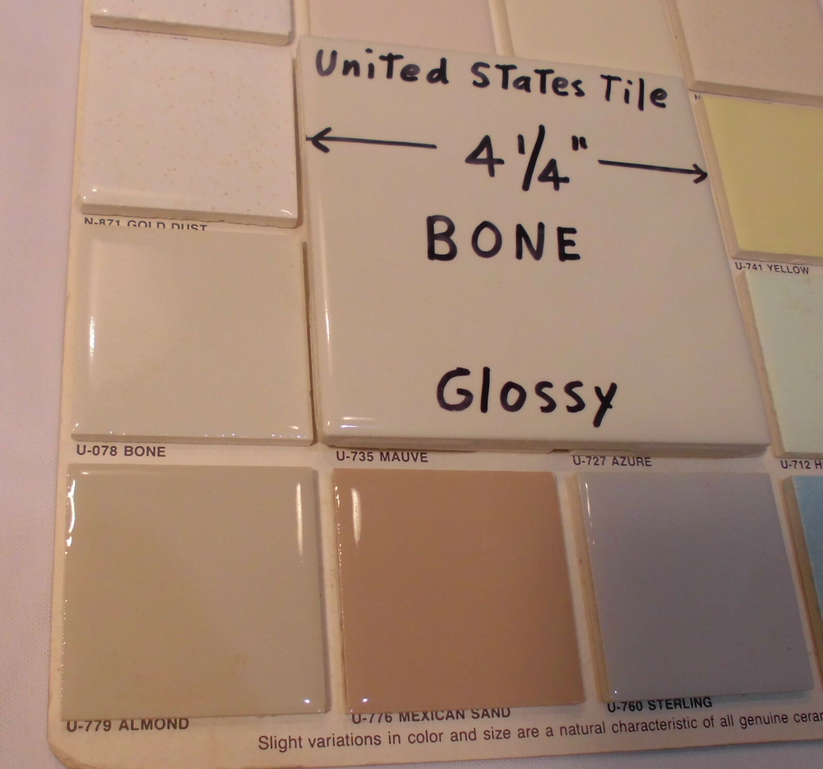 1 pc. Gloss Bone: 4-1/4″ Ceramic Tile by United State Tile Co. New Old Stock