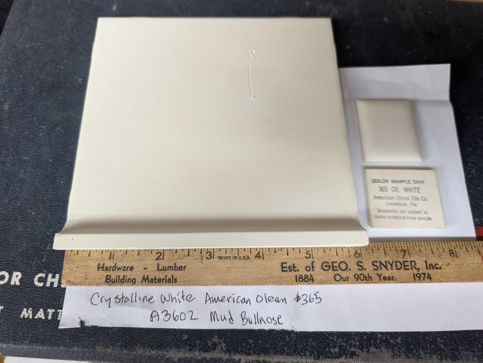 1 pc American Olean Crystalline White ceramic tile #365 6″ Mud Bullnose 60s 70s