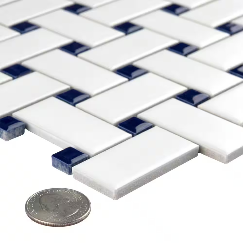 Metro Basketweave White with Glossy Cobalt Dot 11-3/4 In. X 11-3/4 In. Porcelain