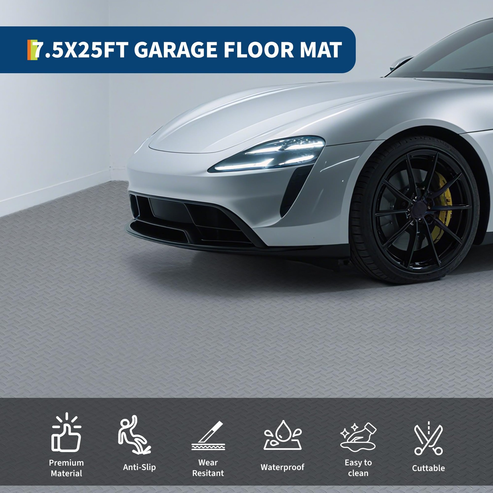 7.5×25 FT Garage Floor Mat, 2mm Thickened PVC Non-Slip Garage Roll Diamond Plate