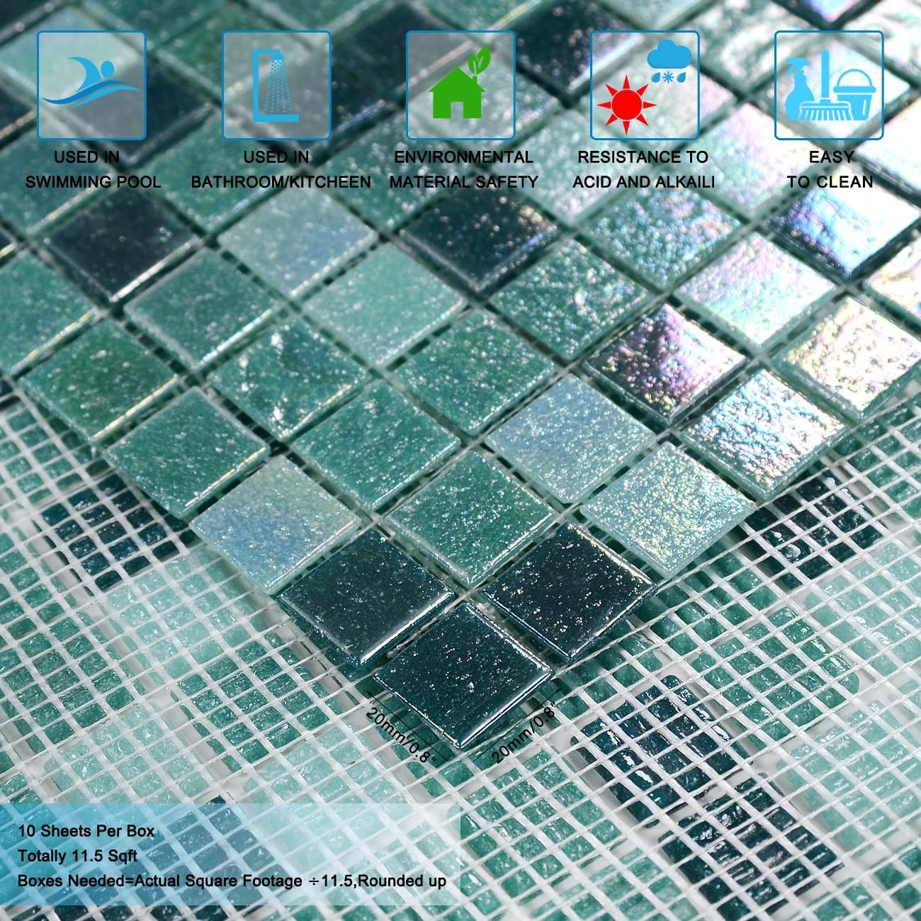 Iridescent Glass Mosaic Tiles for Backsplash, Pool, Shower – 11.5 Sq.Ft