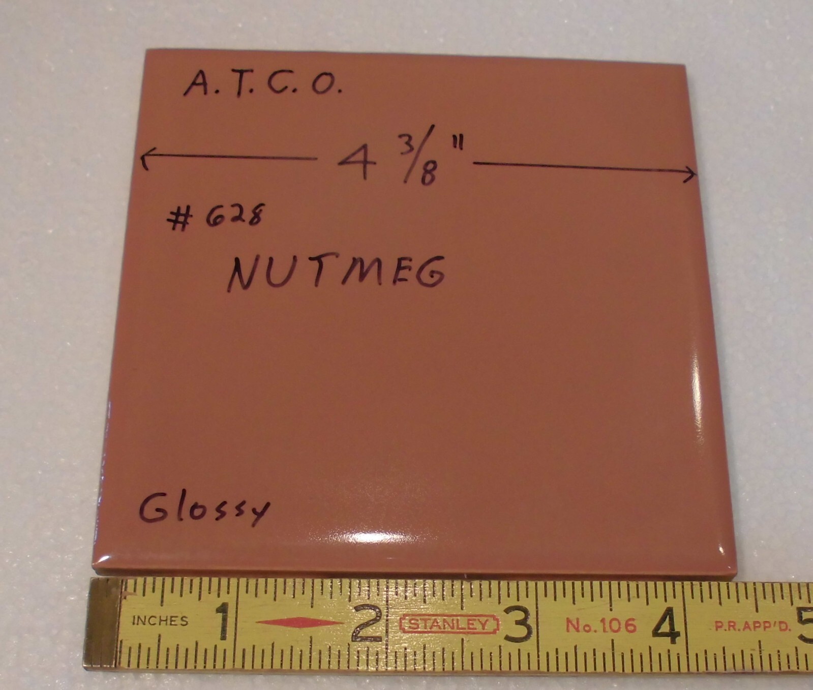 1 pc. Medium Brown – Nutmeg: 4-3/8″ Glossy Ceramic Tile by ATCO, New Old Stock