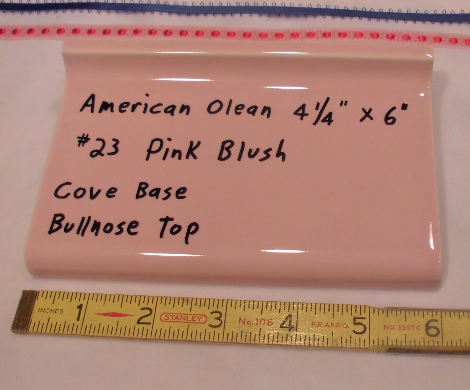 1 pc. Pink Blush #23 Bullnose Top; base/cove Ceramic Tile; 6″ American Olean