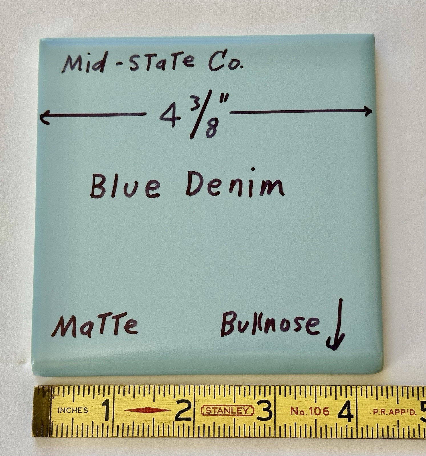 1 pc. Blue Denim: Bullnose Matte Ceramic Tile 4-3/8″ by Mid-State Co. NOS