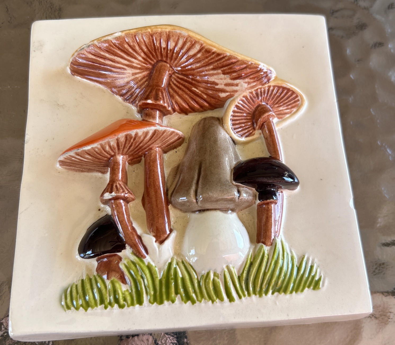 Vintage 1970s Lot of 3 Ceramic Wall Tiles Mushrooms 3 D Handmade 5″ Ivory/Brown