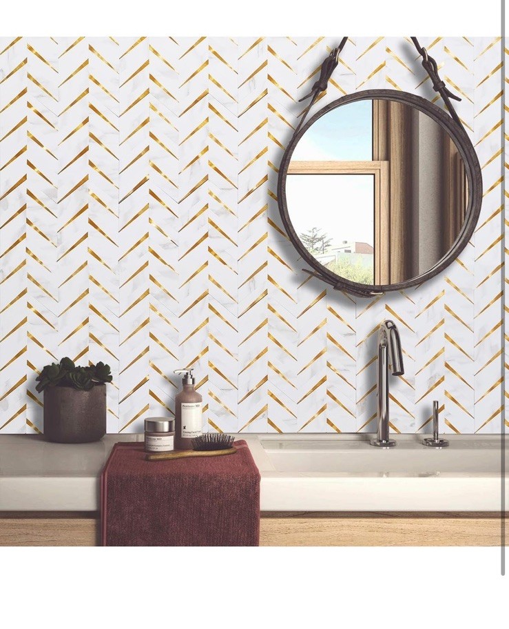 DICOFUN 10-Sheet Polished White Marble Look Herringbone Peel and Stick