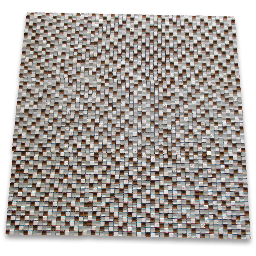 A22003 Glass Mosaic Tile White Brown Glass Beige Travertine 5/8″ Backsplashes