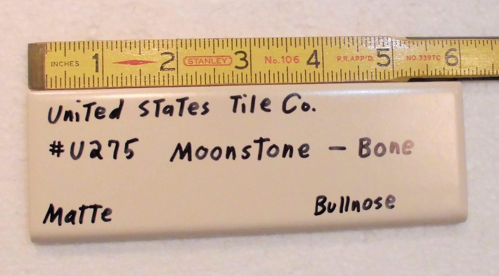 1 pc. Matte Bone: Bullnose Surface Flat Ceramic Tile #U-275 Moonstone, Made USA