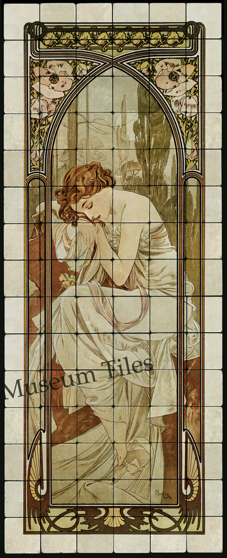24×60 Alphonse Mucha La Nuit Art Nouveau Tumbled Marble Tiles